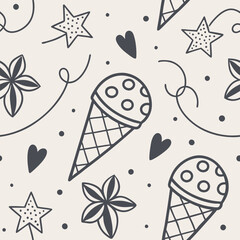 Playful seamless pattern with hand-drawn doodles in warm beige and charcoal, featuring quirky abstract shapes, tiny stars, hearts, and geometric elements, creating a casual and stylish design ideal f