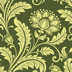 Premium seamless tapestry pattern featuring intricate floral scrolls, woven textures, and royal-inspired motifs in rich olive green and gold, creating a luxurious and elegant design perfect for high-