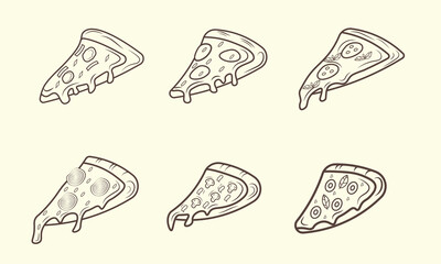 Various outline pizza slices with different toppings are displayed on a white background Perfect for menu designs or food illustrations.