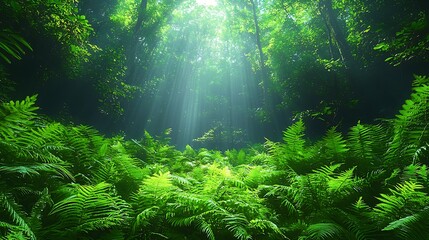 Lush Green Forest Ferns Sunlight Beams Nature Scene Tranquil Woodland Sunlight Filter