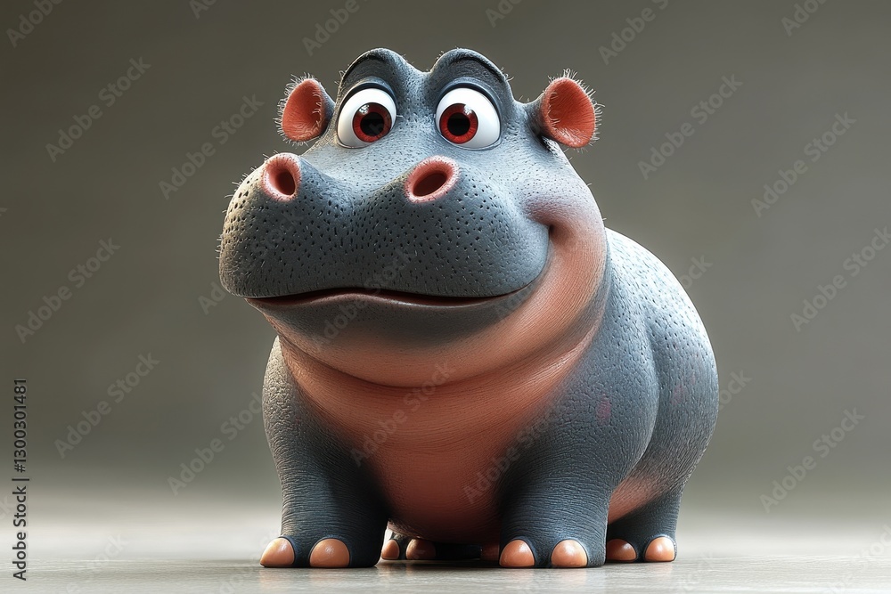 Poster hippo character with cheerful expression and bright eyes standing on a smooth surface in a neutral b