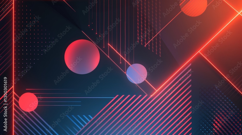 Poster abstract artwork of glowing light of geometric shapes floating and scattering at dark space backgrou
