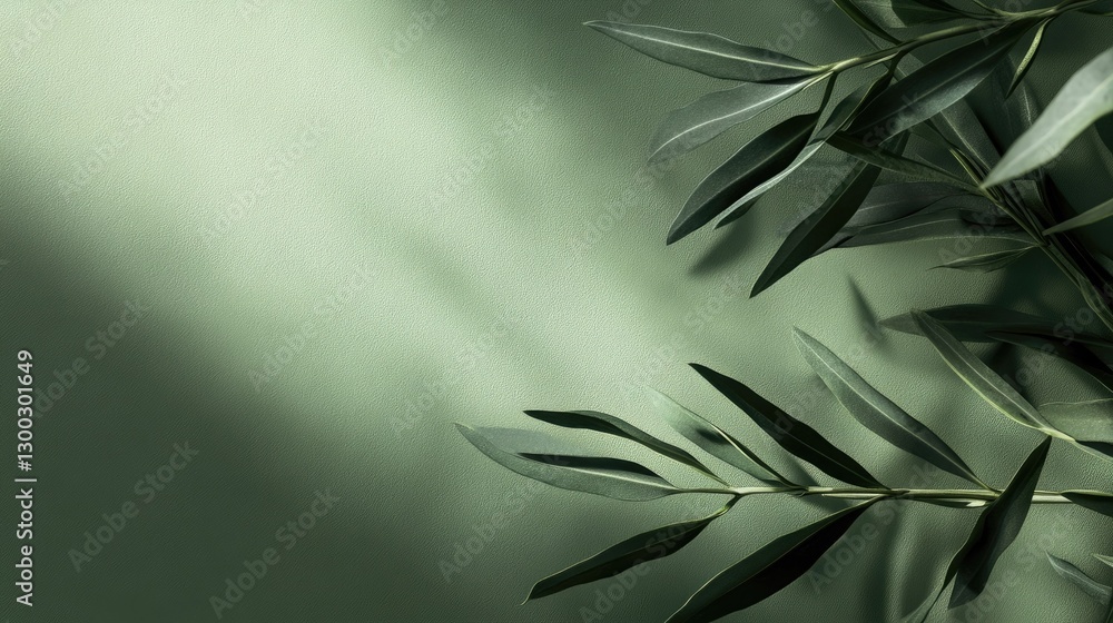 Poster elegant olive branch on sage green background with soft light and shadow