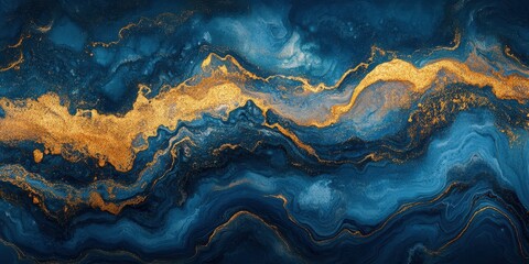 Obraz premium Abstract blue and gold marbled pattern showcasing fluid art technique with rich textures and vibrant colors