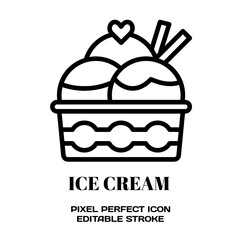 Ice cream symbol, featuring an editable stroke outline icon isolated on white background flat vector illustration. Pixel perfect