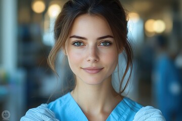 Obraz premium Young healthcare professional with a warm smile in a hospital setting during daytime