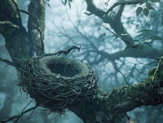 Abandoned Nest in a Misty Forest, A Symbol of Nature's Cycle