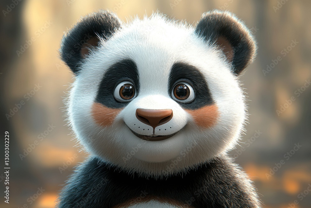 Poster cute animated panda character with big eyes and cheerful expression in a forest setting during dayli
