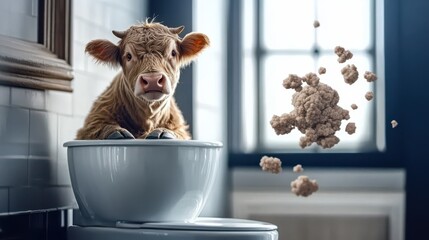 In a playful and humorous twist, a curious cow perches over a toilet, surrounded by clouds of dust, offering a lighthearted and amusing visual experience that delights viewers.