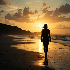 Woman Walking on Sandy Beach During Golden Sunset on Vacation
