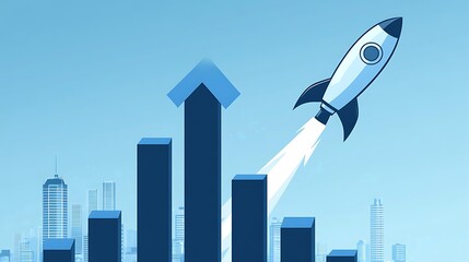 Rocket Launching Over City Skyline Symbolizing Growth, A stylized illustration of a rocket launching above a city skyline with upward arrows