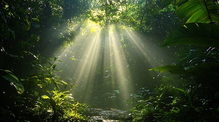 Obraz premium Sunbeams Illuminating Lush Tropical Rainforest Tranquil Jungle Scene Natural Light
