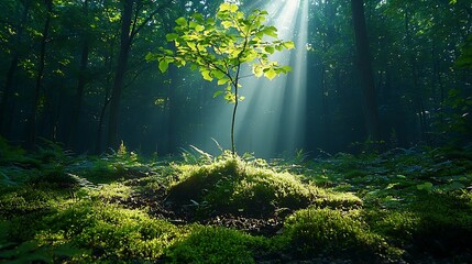 Obraz premium Young Sapling Tree Growing in Sunlit Forest Mossy Ground
