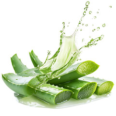Fresh aloe vera leaves splashing in aloe vera juice, isolated
