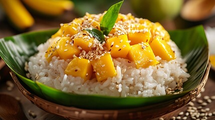 A vibrant and colorful sticky rice with mango served in a traditional banana leaf bowl, with coconut milk and sesame seeds