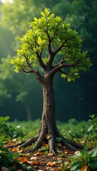 Fototapeta premium A brown tree with dead branches and green leaves on the ground, nature, dying