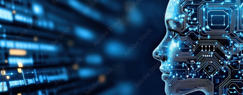 Poster futuristic profile of a human face merged with digital circuit patterns and neon lights