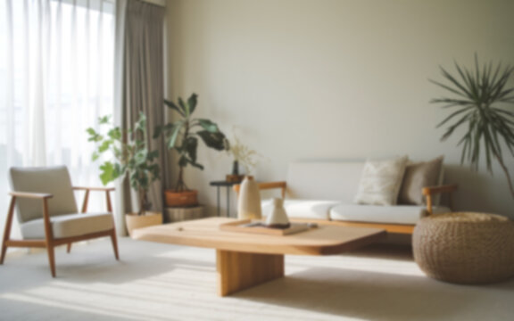 A serene and calm Japandi style living room interior with blurred aesthetics, ideal for virtual Zoom meeting video call backgrounds or wallpapers.

