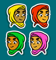 Cute Hijab Girls Cartoon Sticker Illustration