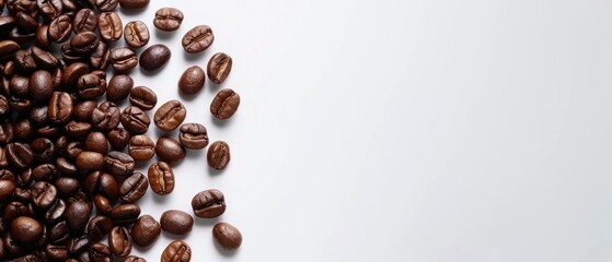 Obraz premium Roasted coffee beans scattered on a light background. Flat lay composition with copy space for coffee and beverage design. Top down aerial view of roasted coffee beans scattering at background. AIG55.