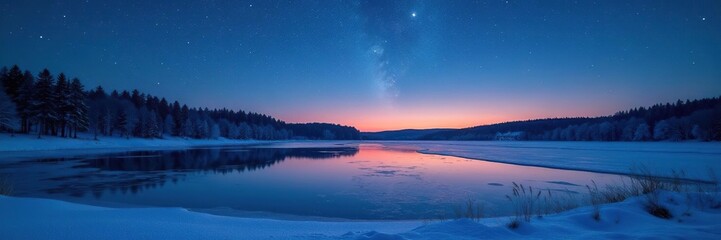Fototapeta premium Night sky reflected on frozen lake surface of snowy field, frozen, lake, peaceful