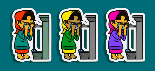 Muslim Girl doing Ablution Cartoon Sticker Illustration