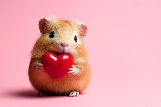 Guinea pig - my desired animal. Cute guinea pig baby with domestic animal toy red heart - emblem of love, funny greeting card. Promotion visual idea. Advertising concept. Zoo date valentines.