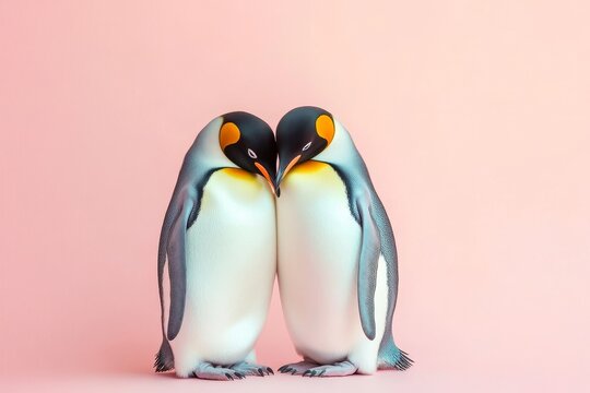 Cute penguins express their love against a soft pastel pink background in a charming moment of connection and affection