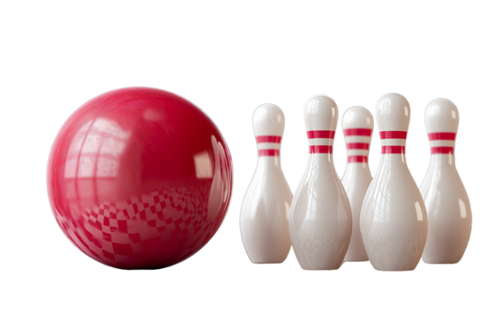Red bowling ball and white pins isolated on a transparent background
