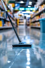 Cleaning brush rests on a reflective polished floor.