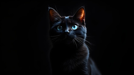 Captivating Black Cat Blue Eyes Close-Up - Dramatic Studio Dark Background Portrait
