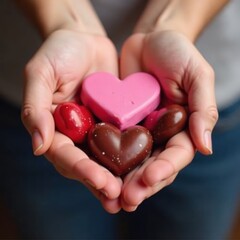 Obraz premium Two hands gently cradling pink chocolate hearts , adorable, studio, photography