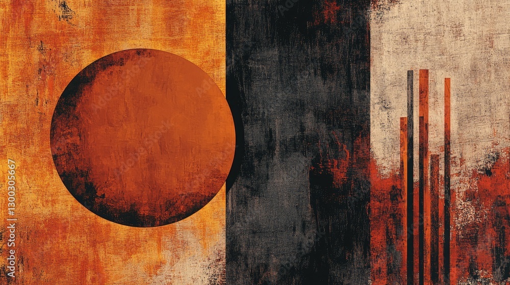 Poster abstract textured art with a large orange circle and vertical rectangles