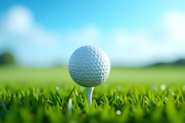 A close-up of a golf ball sitting on a tee, surrounded by lush green grass with individual blades visible in fine detail. The sky in the background is a rich, clear blue with soft clouds barely visibl