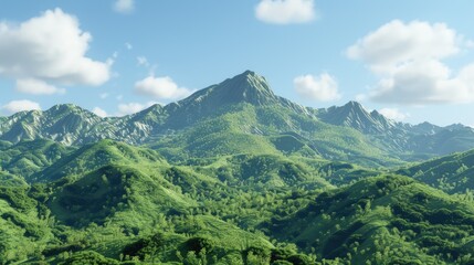 Lush green mountain range under a bright blue sky with fluffy clouds