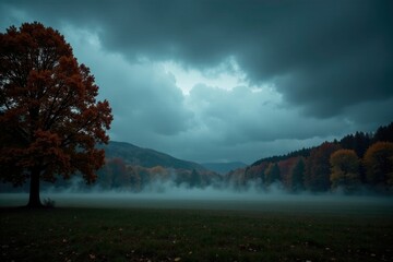Dark gray clouds dominate the somber autumn sky, with a few wispy strands of fog emerging from the ground, misty, dark clouds