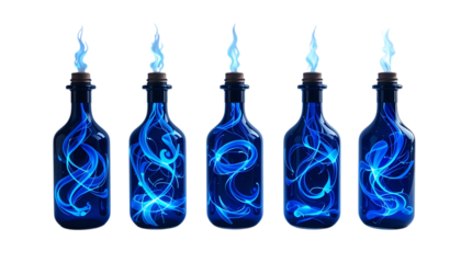 Blue potion bottles glowing with mystical light swirling energy