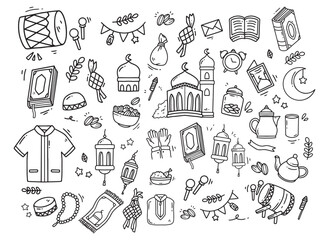 Set of vector doodle element related to Eid Mubarak and Ramadan. Set of hand drawn symbols and icons for holy Muslim festival Eid ul-Fitr