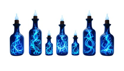 Blue potion bottles glowing with mystical light swirling energy