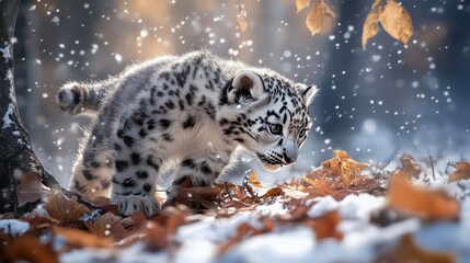 A playful snow leopard cub exploring a snowy forest floor scattered with autumn leaves