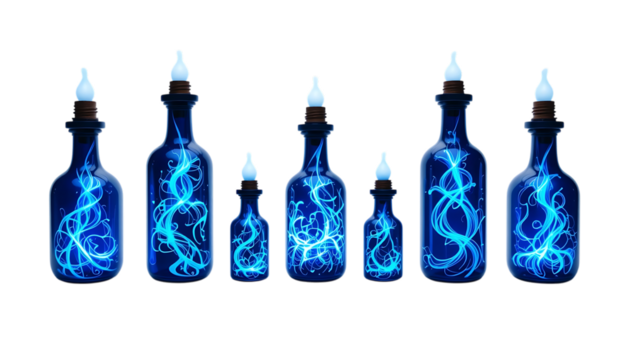 Blue potion bottles glowing with mystical light swirling energy