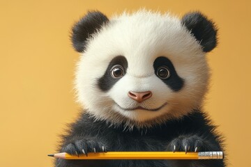 Fototapeta premium Cute panda cub holding a yellow pencil with a playful expression against a bright background