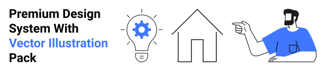 Man in blue shirt pointing, cog inside light bulb symbolizing ideas, and house outline. Ideal for teamwork, creativity, innovation, home design, strategy, minimalism flat landing page banner