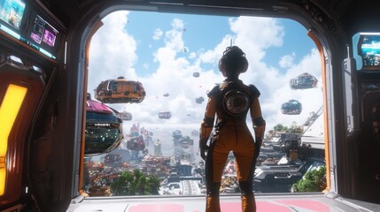 Naklejka premium Astronaut Views Futuristic Cityscape