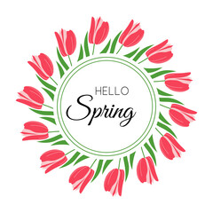 Ornamental border featuring tulips. Spring floral wreath design, suitable for greeting cards, banners and weddings. Vector artwork on white background