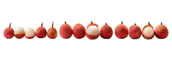 Fresh Lychee Fruits in Various Stages of Ripeness on White Background, Isolate on Transparent Background