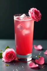 Refined glass of drink, adorned with delicate rose petals, on gray , close up, design