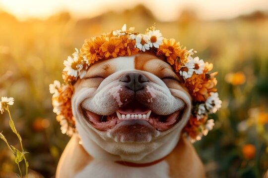 Holiday season happiness. Golden hour in sunset. Cute baby dog bulldog wearing free flower crown on its head. Bright summer portrait of a dog. Cute puppyâ€™s radiant summer glow.