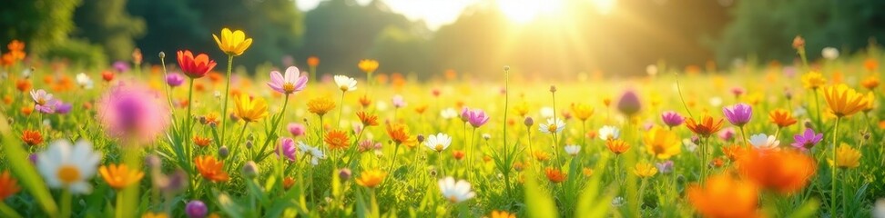 Fototapeta premium Vibrant wildflowers carpet sun-drenched field , floral, environment