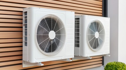 Fototapeta premium Two air conditioning units mounted on a modern wooden wall. Concept of cooling, heating, and climate control.